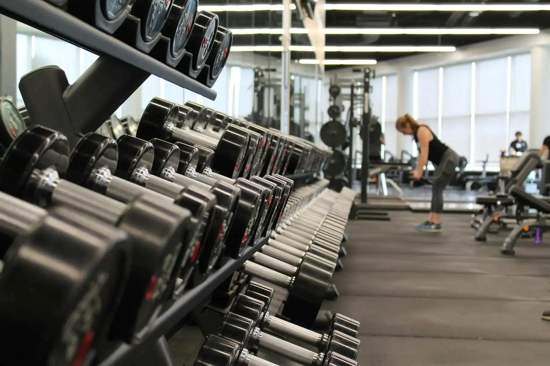 Weights lined up in a gym