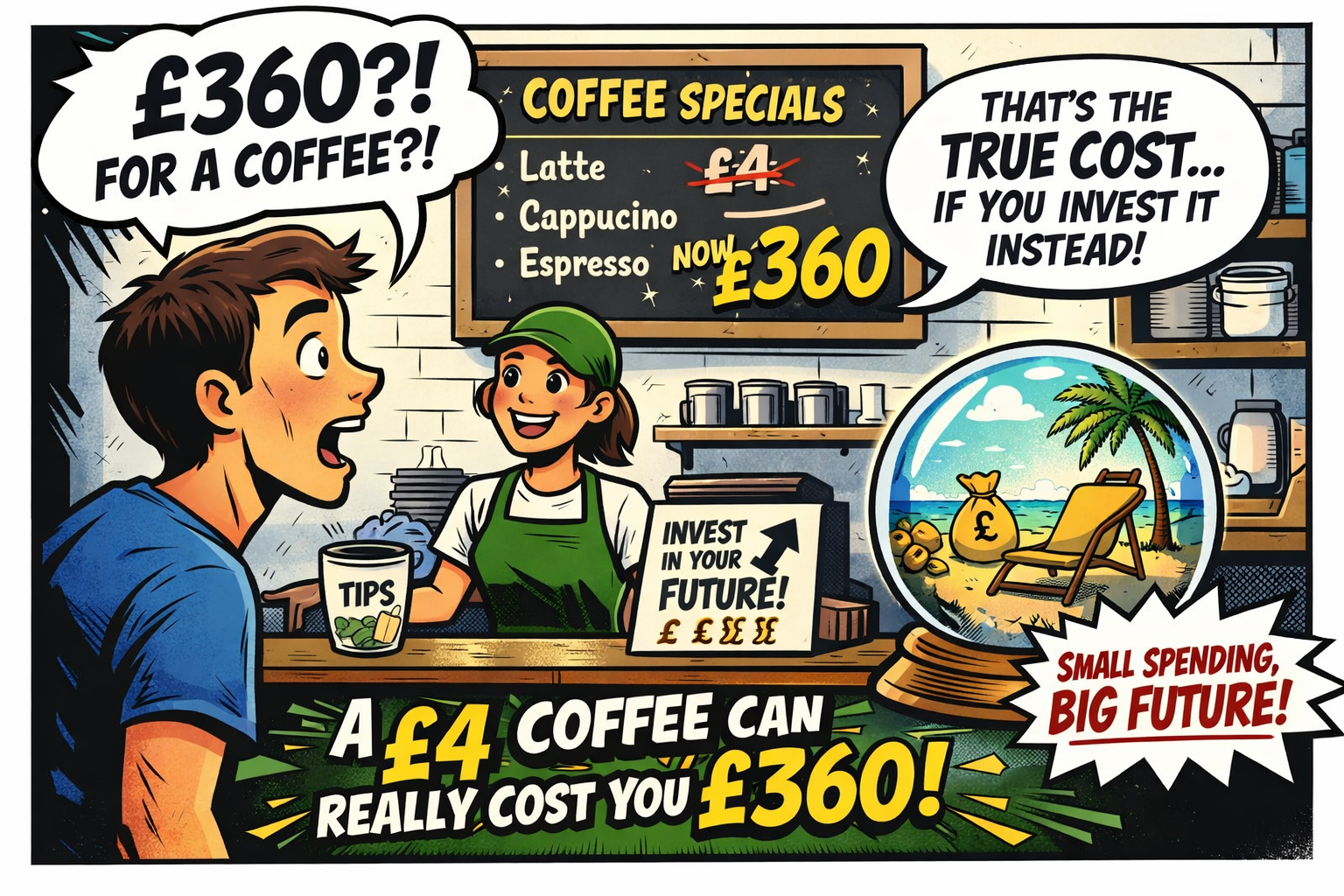 Cartoon of a person shocked at the price of a £360 coffee.