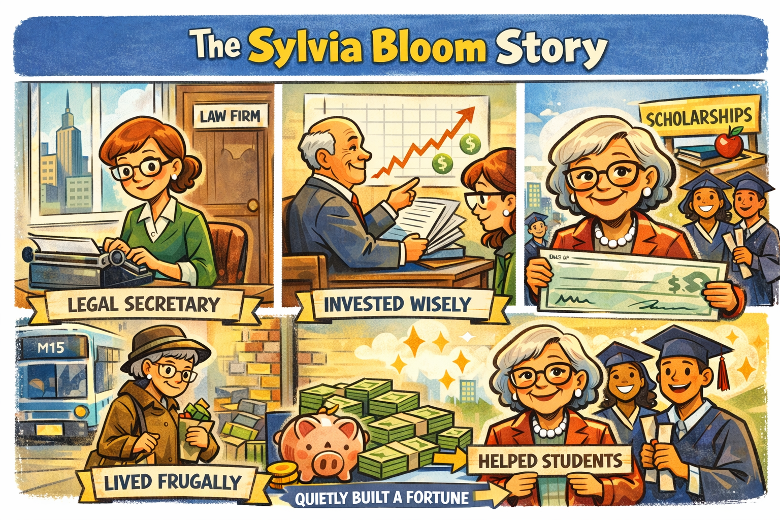 Cartoon showing the life of Sylvia Bloom